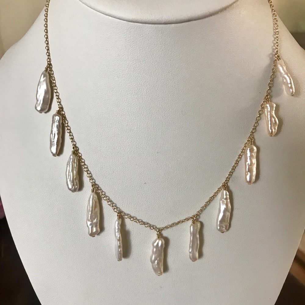 Freshwater box pearl necklace on 14k gf chain